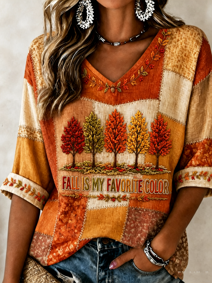 Women's Fall Is My Favorite Color Printed Mid-length Sleeves V-Neck T-Shirt