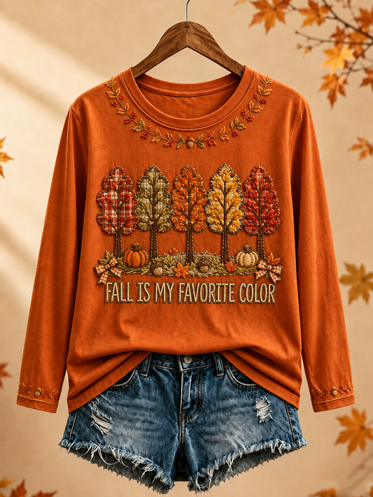 Women's Fall Is My Favorite Color Printed Round neck long sleeve T-shirt