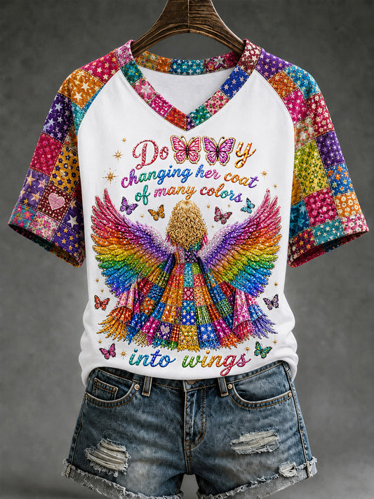 Women's Dolly Changing Her Coat Of Many Colors Into Wings Country Music Legend Tribute V-Neck Tee