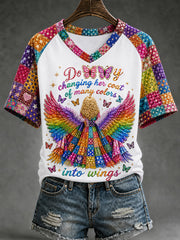 Women's Dolly Changing Her Coat Of Many Colors Into Wings Country Music Legend Tribute V-Neck Tee