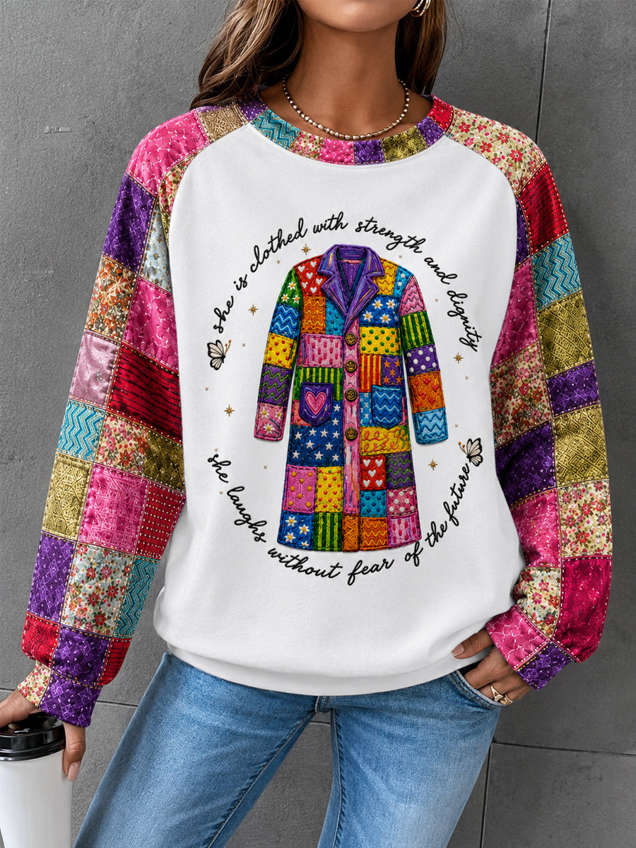 Women's She Is Clothed With Strength And Dignity Patchwork Print Country Music Legend Tribute Sweatshirt