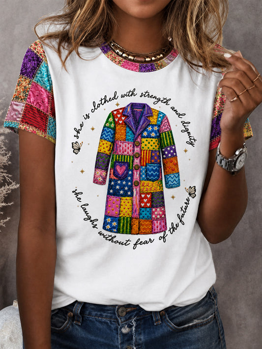 Women's She Is Clothed With Strength And Dignity Patchwork Print Country Music Legend Tribute Tee