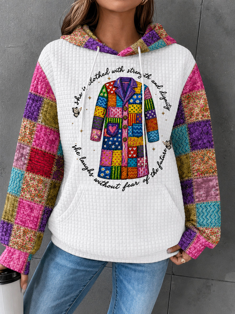 Women's She Is Clothed With Strength And Dignity Patchwork Print Country Music Legend Tribute Waffle Hoodie