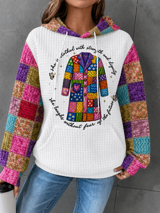 Women's She Is Clothed With Strength And Dignity Patchwork Print Country Music Legend Tribute Waffle Hoodie