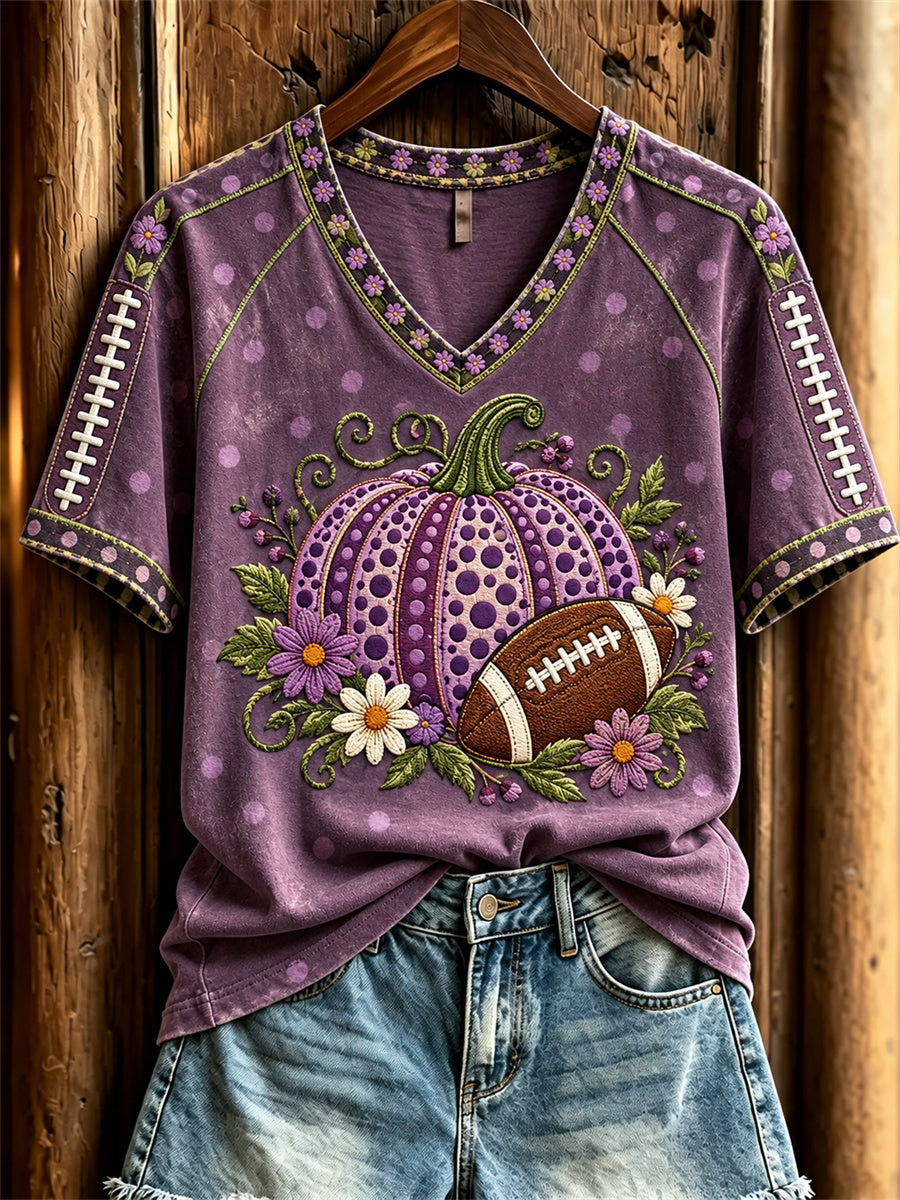Women's Football & Halloween Pumpkins Floral Polka Dots Art Print short-sleeved T-shirt