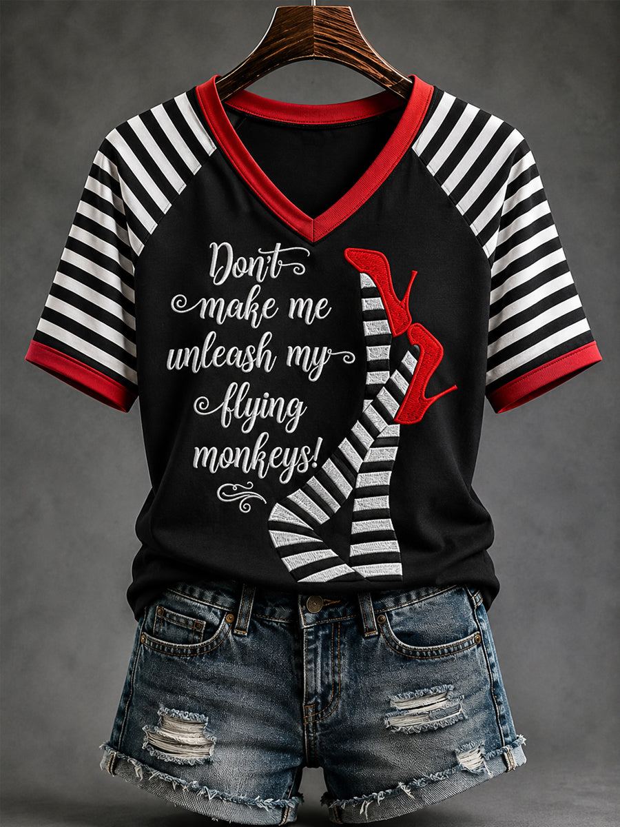 Women's Halloween Don't Make Me Unleash My Flying Monkeys Stripes Print Casual V-Neck Tee