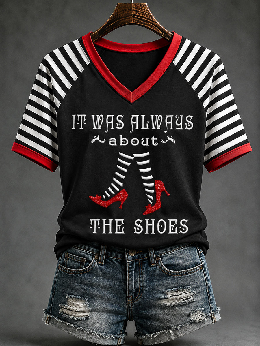 Women's Halloween It Was Always About The Shoes Print Casual V-Neck Tee