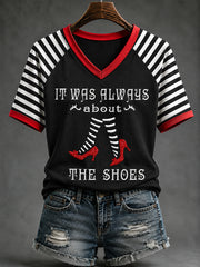 Women's Halloween It Was Always About The Shoes Print Casual V-Neck Tee
