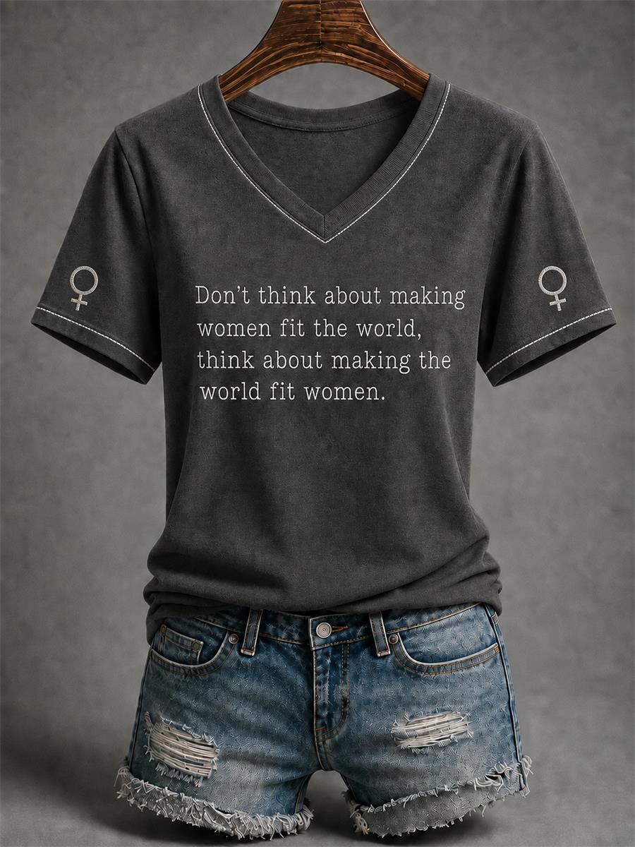 Women's Feminist Quote Print V-Neck Short Sleeve T-shirt