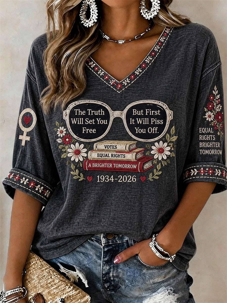 Women's The Truth Will Set You Free Women Power Memorial Mid-length Sleeves V-Neck T-Shirt