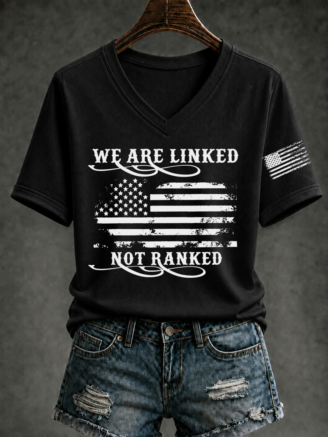 Women's WE ARE LINKED NOT RANKED Printed V-neck T-shirt