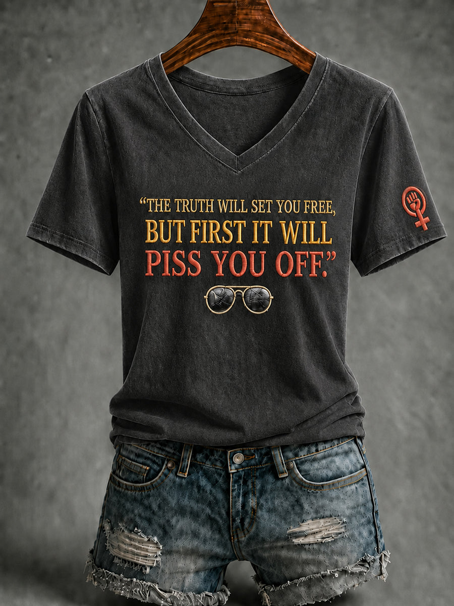 Women's Feminist Quote Print V-Neck Short Sleeve T-shirt