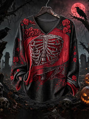 Women's Halloween Ross Skeleton Print Casual V-Neck Long-Sleeve T-Shirt