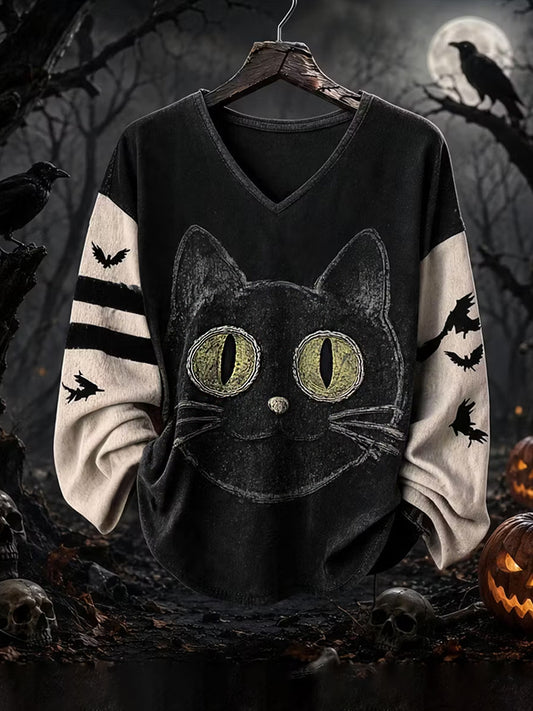 Women's Halloween Black Cat Print Casual V-Neck Long-Sleeve T-Shirt