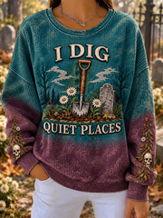 Women's Vintage Halloween Graveyard Humor Ribbed Round-Neck Sweatshirt