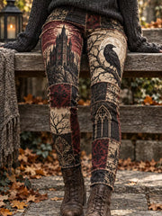 Women's Halloween Gothic Raven Castle Dark Fantasy Patchwork  Leggings