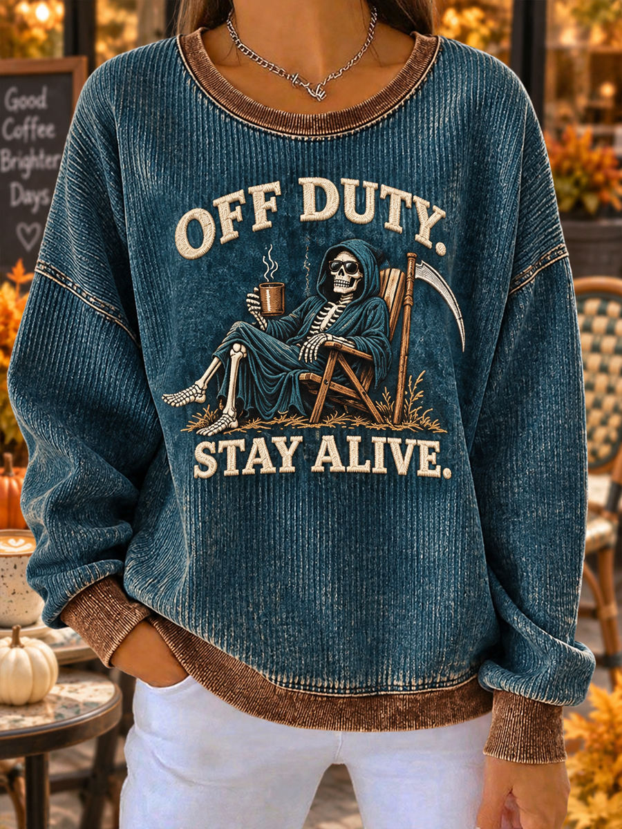 Women's Vintage Off-Duty Grim Reaper Coffee Ribbed Round-Neck Sweatshirt