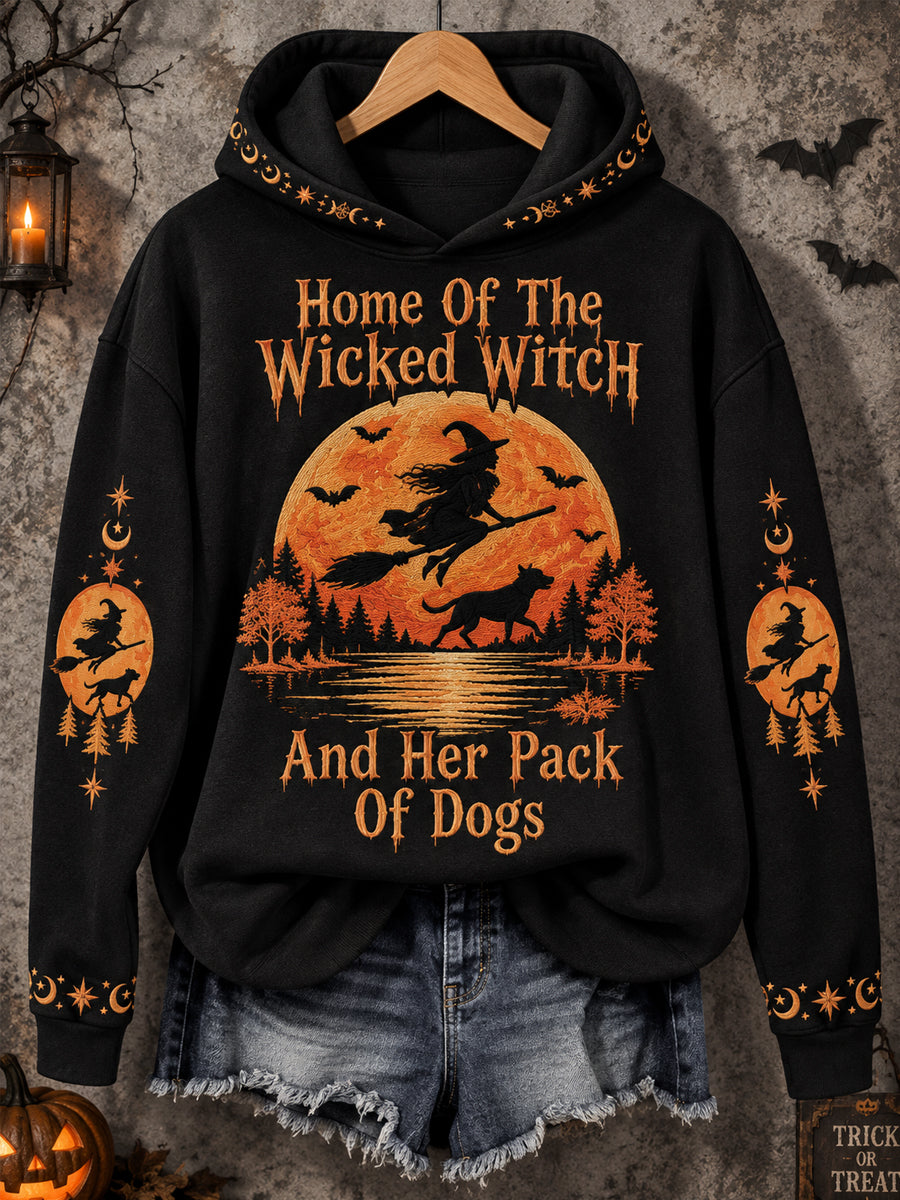 Women's Funny Halloween Home Of The Wicked Witch And Her Pack Of Dogs Print Casual Hoodie