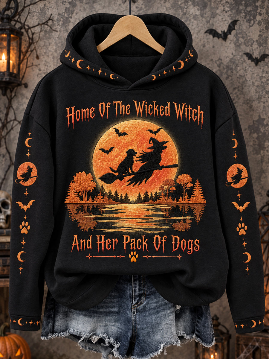 Women's Funny Halloween Home Of The Wicked Witch And Her Pack Of Dogs Print Casual Hoodie