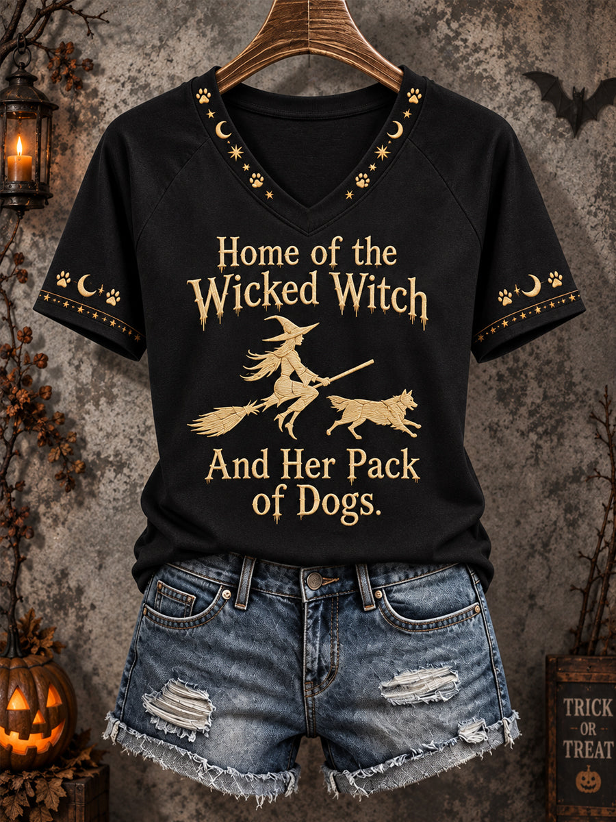 Women's Funny Halloween Home Of The Wicked Witch And Her Pack Of Dogs Print Casual V-Neck Tee
