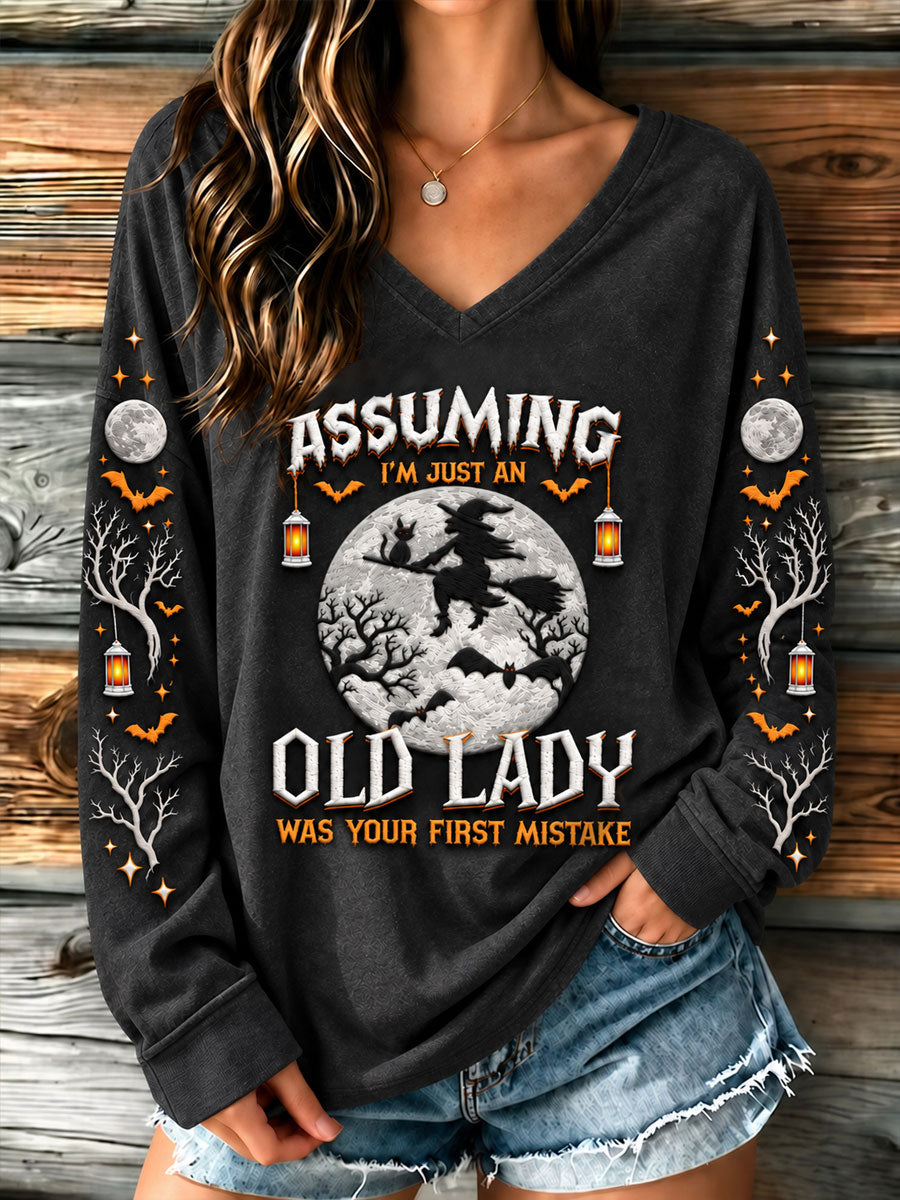 Women's Halloween Witch Assuming I'm Just An Old Lady Was Your First Mistake Witch V-Neck Long-Sleeve T-Shirt