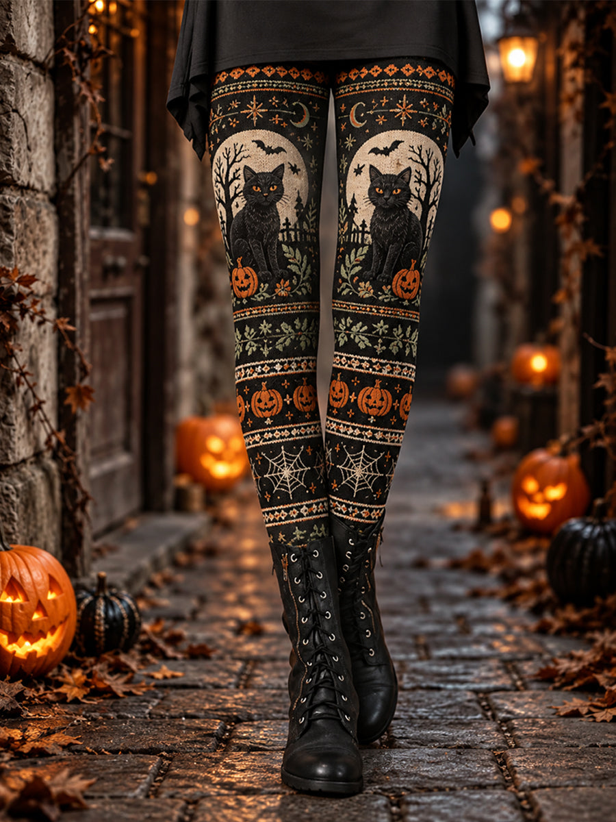 Women's Halloween Black Cat Print Leggings