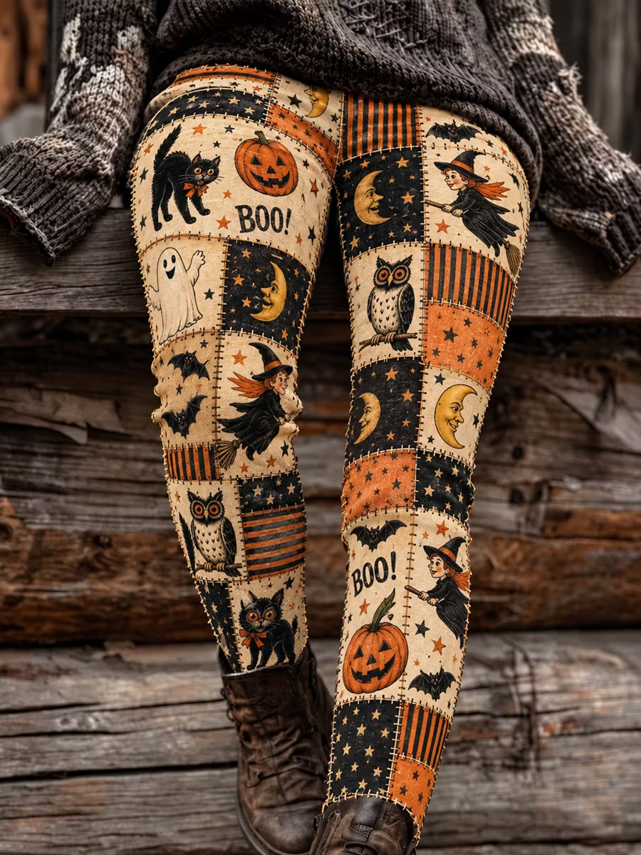 Women's Halloween Pumpkin Witch Bat Ghost Cat Art Print Leggings