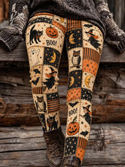 Women's Halloween Pumpkin Witch Bat Ghost Cat Art Print Leggings