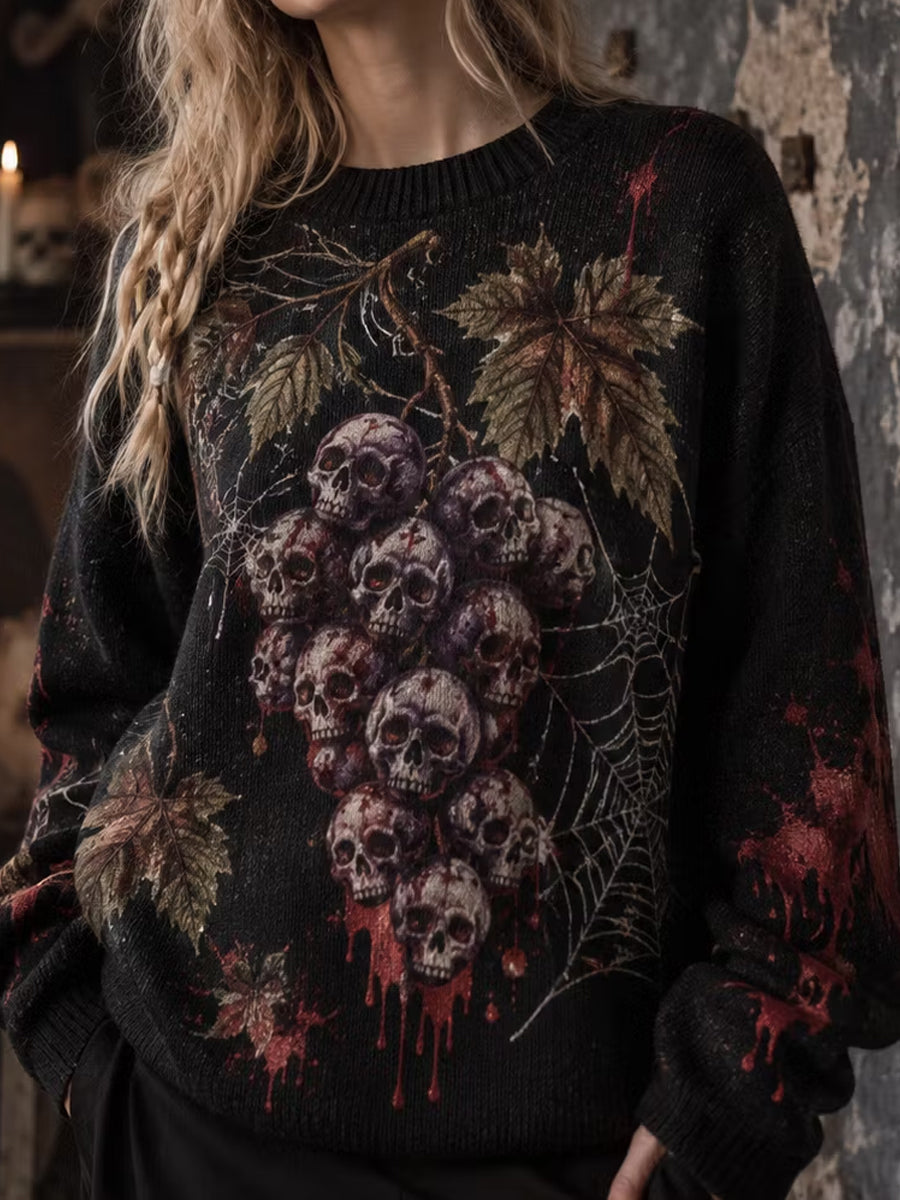Women's Gothic Halloween Skull and Grape Pattern Casual Sweater